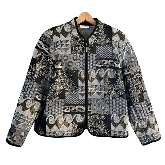 PRESWICK & MOORE Tapestry Jacket Black Gold Silver Full Zip Long Sleeves XL EUC - Picture 7 of 7